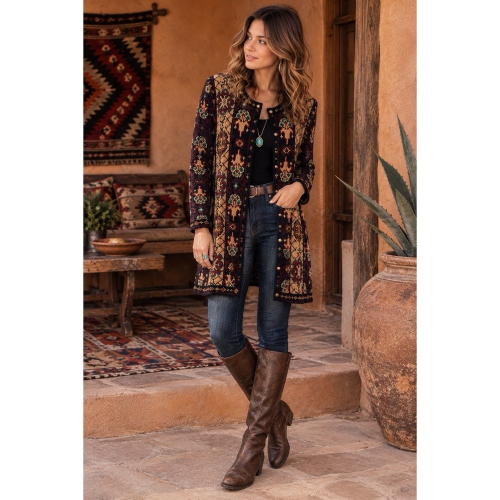 Tapestry Carpet Print Longline Cardigan Sweater 10 Boho Southwestern Kilim